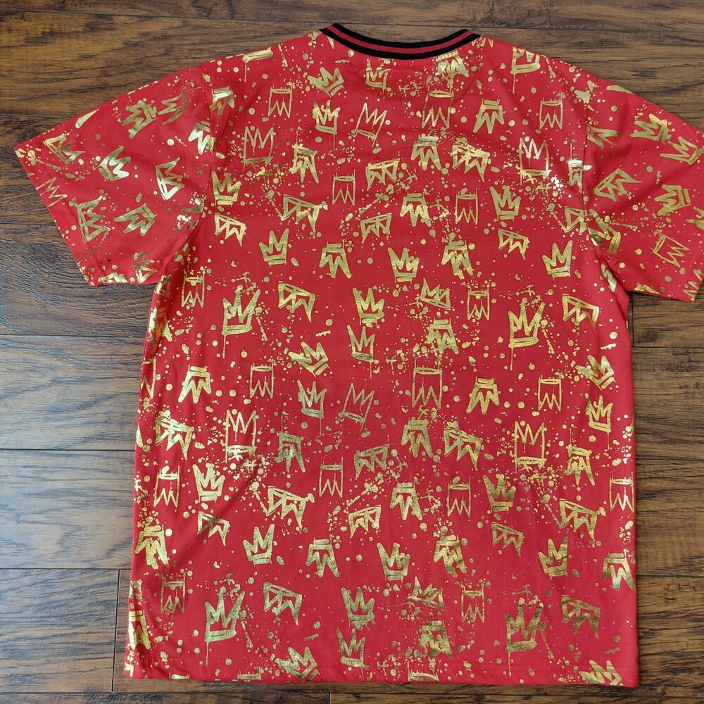 DRILL CLOTHING CO. Red Gold Foil Crown Splatter All-Over Print T-Shirt sz L NWT - Picture 5 of 5